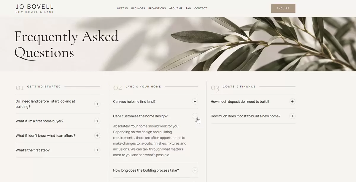 Jo Bovell FAQ accordions across larger screen layouts