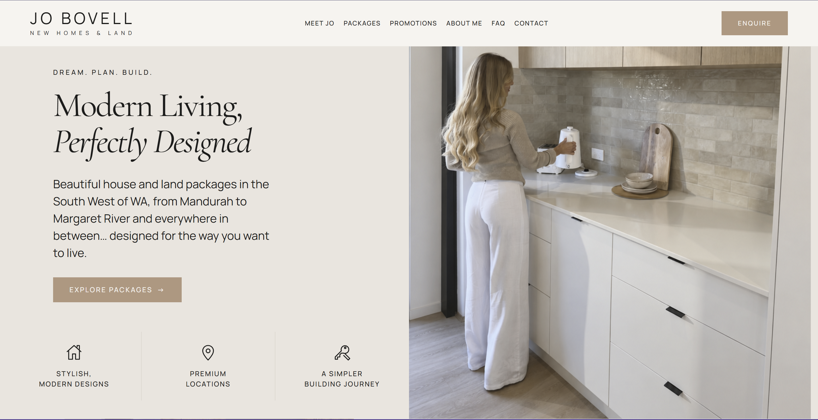Jo Bovell Home & Land website showing the homepage and house and land content
